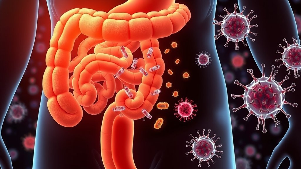 An illustration of the human gut with bacteria and immune cells interacting, highlighting the complex relationship between the gut microbiome and the immune system.