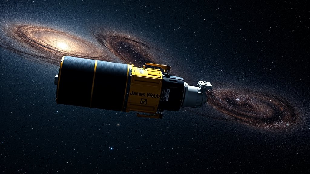 A high-resolution image of the James Webb Telescope with a background of galaxy clusters and dark matter filaments