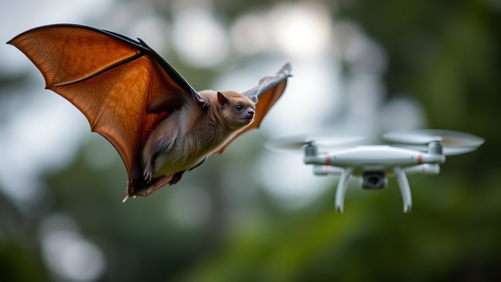 A detailed image of a bat in flight, with a drone flying in the background, highlighting the similarities in their aerodynamic movements