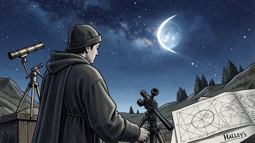 An illustration of a medieval monk observing Halley's Comet in the night sky, with a telescope and astronomical charts in the background.