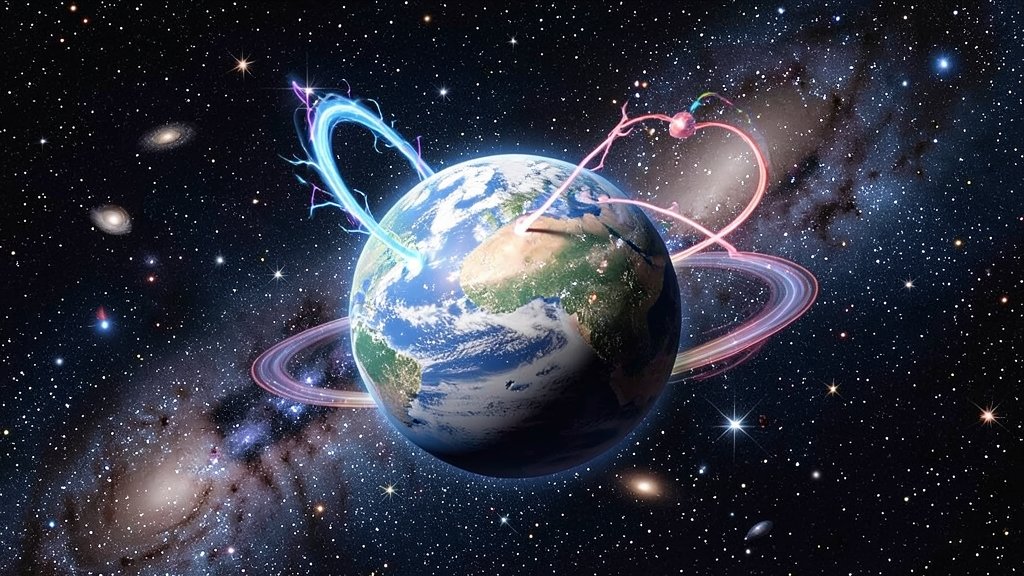 A surreal illustration of a small planet in the universe with a magnetic field resembling a birdsong, surrounded by stars and galaxies in the background.