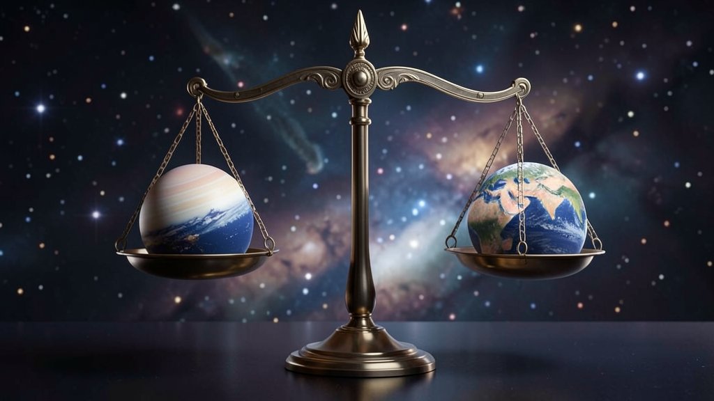 An AI-generated image depicting a balance scale with celestial bodies on either side, representing the symmetry of the universe.