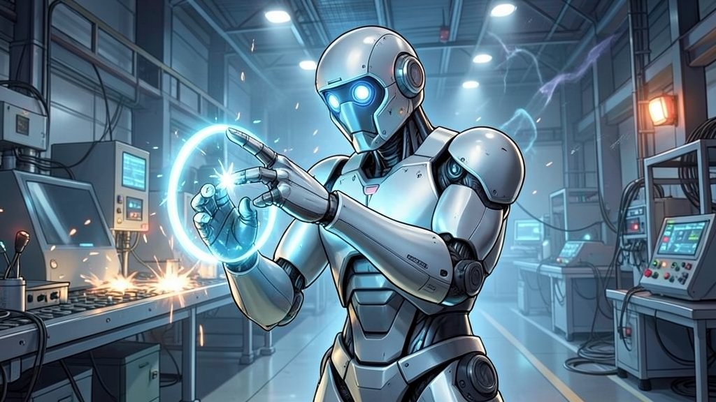 A futuristic illustration of a robot with a sensor detecting danger in a manufacturing environment