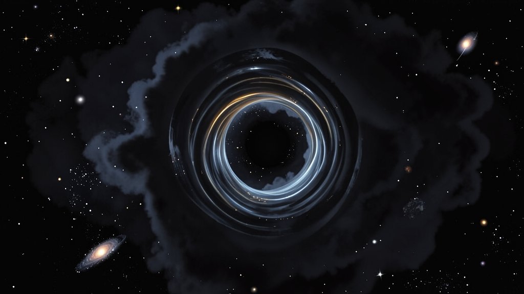 An illustration of a wormhole or a portal in space, with a dark matter cloud in the background, and a few stars and galaxies visible through the portal.