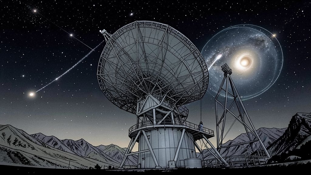 A detailed illustration of the China Sky Eye telescope with a binary star system in the background, showcasing the detection of fast radio bursts.