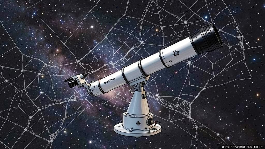A high-resolution illustration of the Webb Telescope in space, with a detailed map of dark matter distribution in the background, showcasing the telescope's ability to unveil the universe's hidden mysteries.