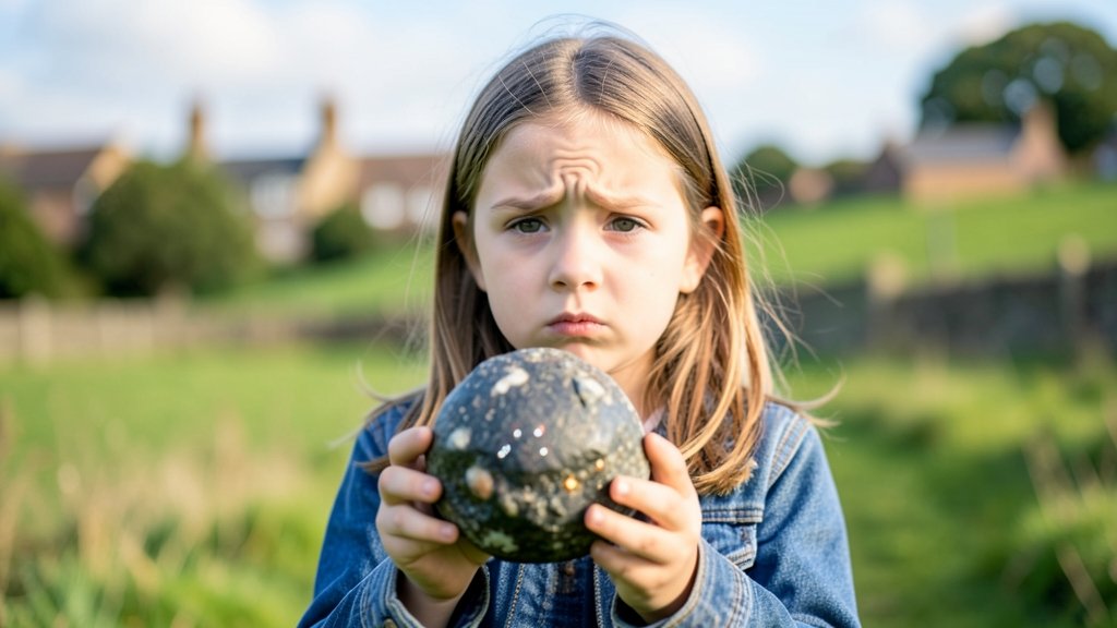A 9-year-old girl holding a meteorite with a puzzled expression, with a blurred background of a UK countryside