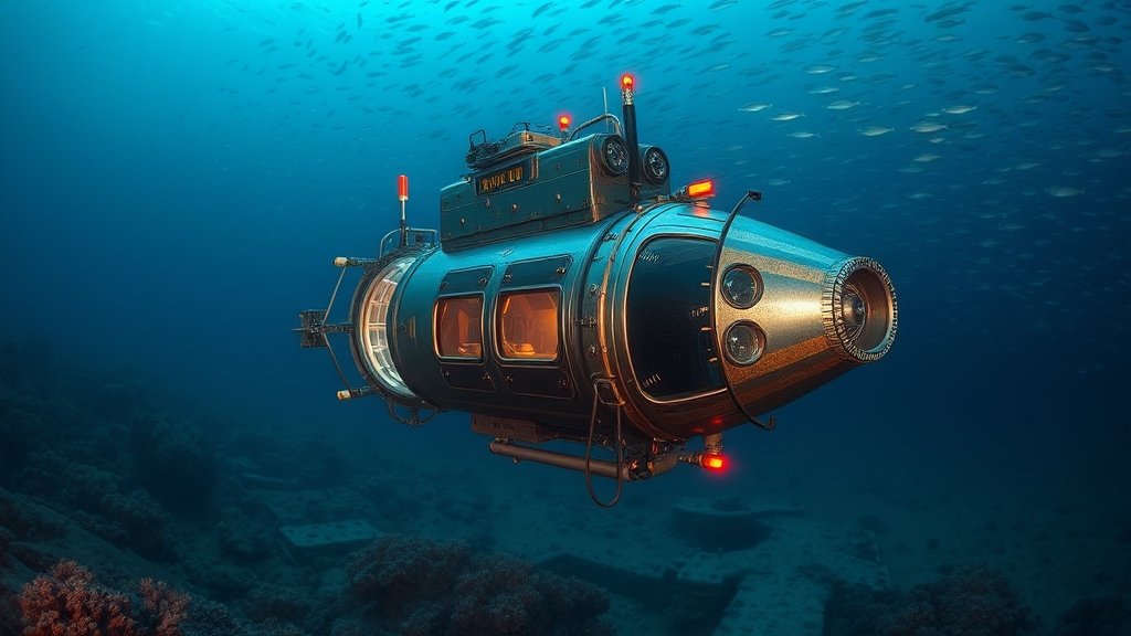 A deep-sea submersible exploring the ocean floor with a school of fish in the background, representing the mysteries of the ocean.