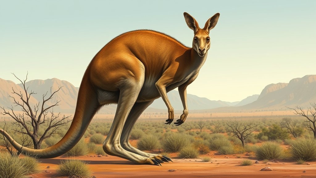 A illustration of a giant prehistoric kangaroo in its natural habitat, with a subtle background of the Australian outback during the Ice Age, showcasing its massive size and powerful hind legs.