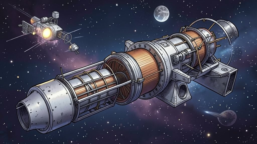 An illustration of a nuclear rocket engine in space, with a spaceship in the background, highlighting the engine's components and its role in deep space missions.