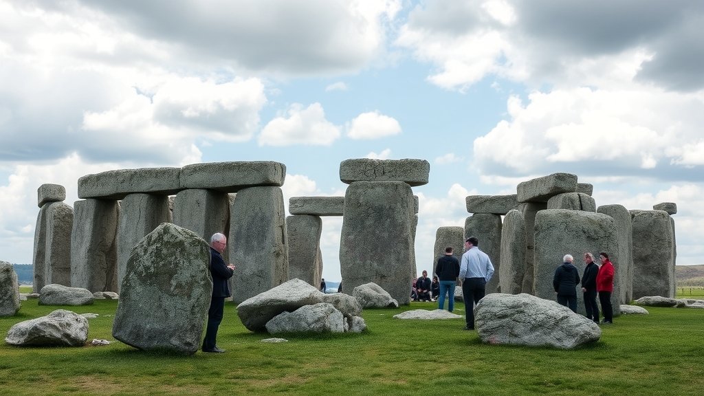 A detailed image of the Stonehenge monument with a group of archaeologists and researchers in the background, studying the ancient stones and taking notes.