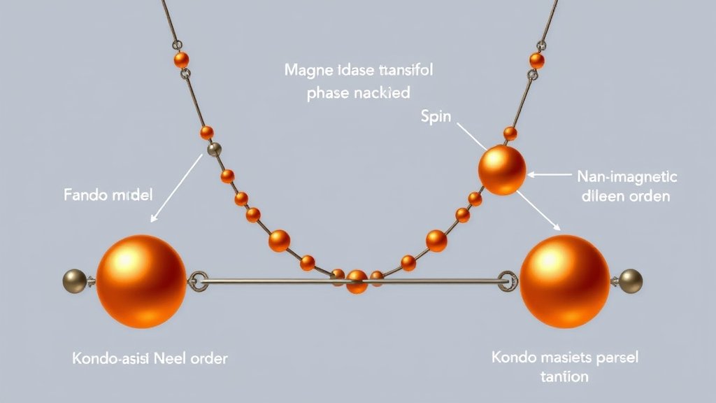 An illustration of a Kondo necklace model with spins and magnetic interactions, showcasing the emergence of Kondo-assisted Neel order and its effect on magnetic phase transition.