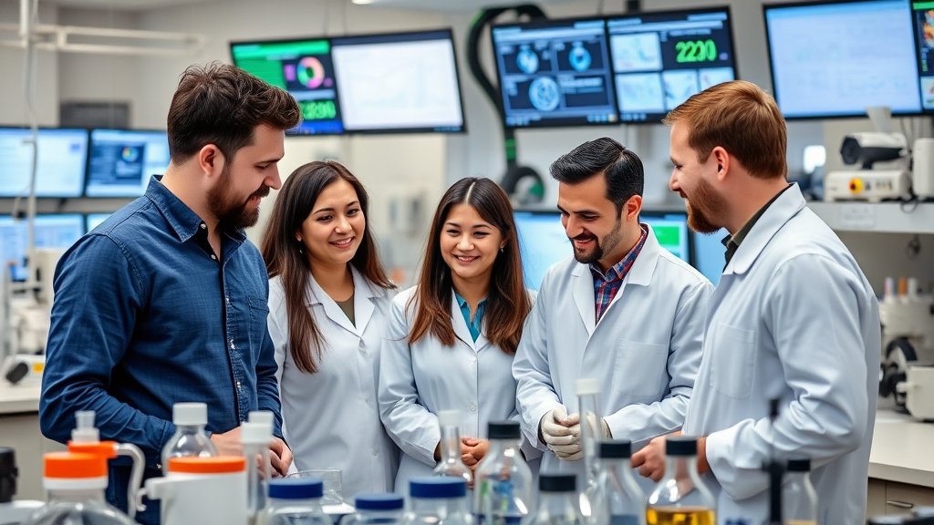 A group of diverse chemical engineers and researchers from different countries collaborating in a modern laboratory, with various equipment and screens displaying data and research papers in the background.