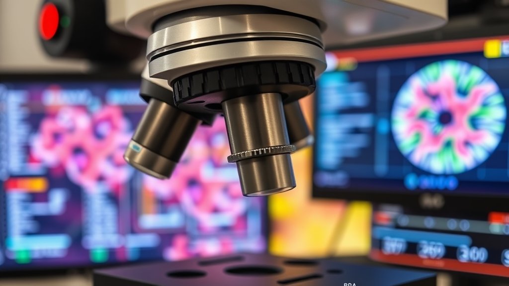 A high-resolution image of a microscope with a deep learning algorithm interface in the background, showcasing the integration of artificial intelligence in optical microscopy.