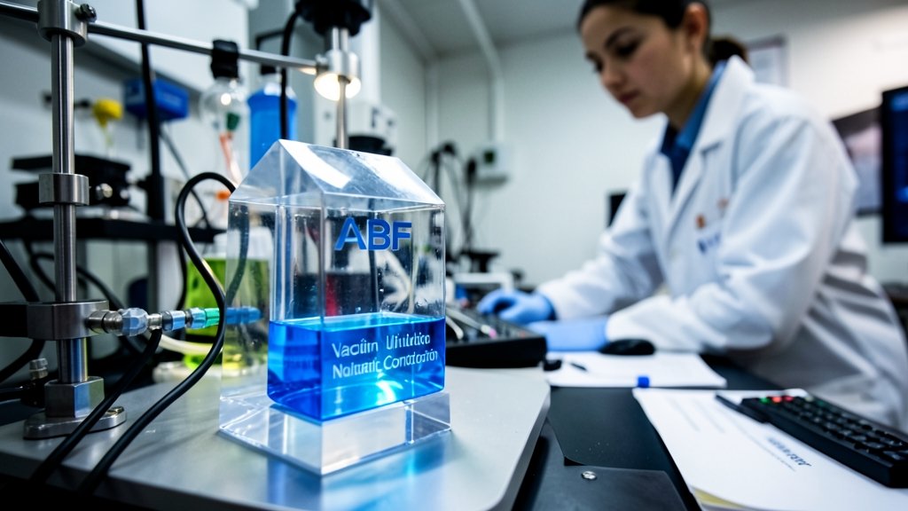 A high-contrast image of a laboratory setup showing the new ABF crystal used for vacuum ultraviolet nonlinear optical conversion, with a researcher in the background observing the experiment.