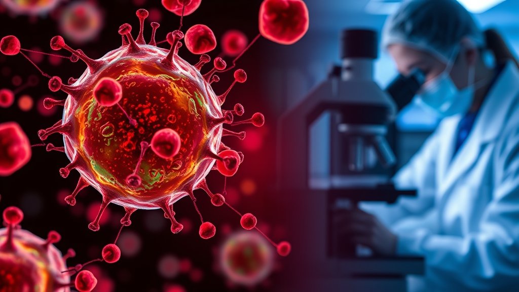 A microscopic image of cancer cells being destroyed by nanoparticles, with a background of a lab researcher in a lab coat looking through a microscope.