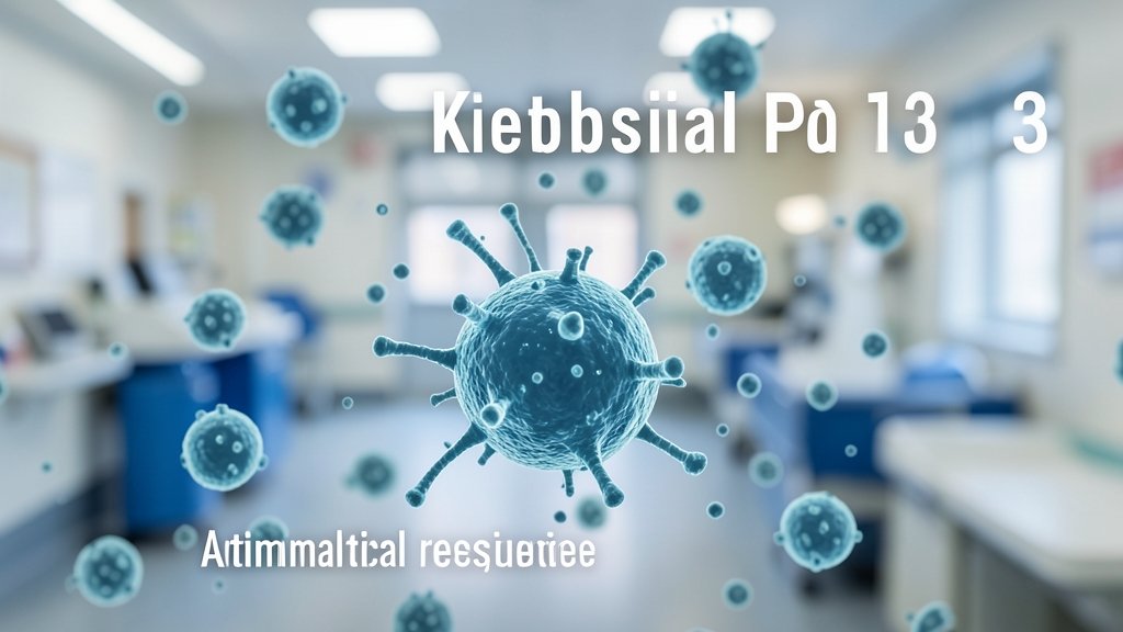 A microscopic image of Klebsiella pneumoniae bacteria under a microscope, with a blurred background of a hospital setting, highlighting the importance of finding new treatments for antimicrobial resistance.