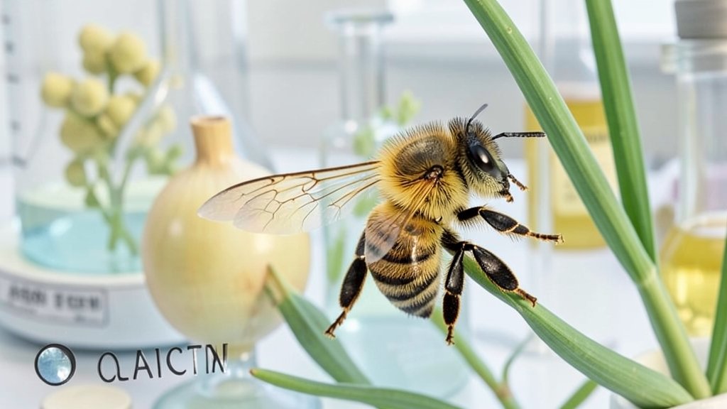A detailed illustration of a western honey bee (Apis mellifera) near an onion plant, with a subtle background indicating a laboratory setting for assessing the safety of organosulfur compounds.