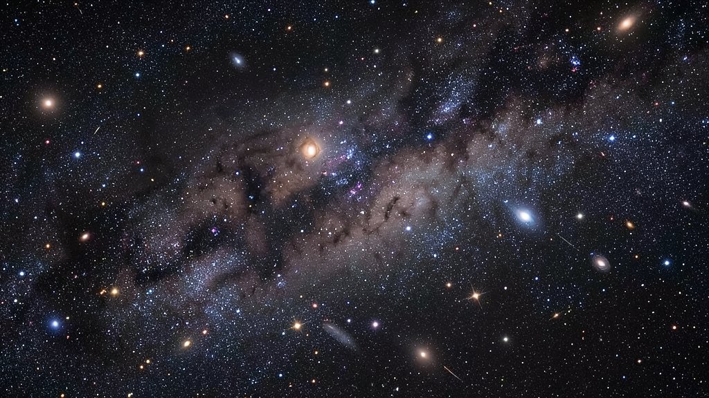 A deep space image of a mature galaxy cluster in the early universe, with stars, gas, and dust visible, and a distant background of other galaxies and stars.