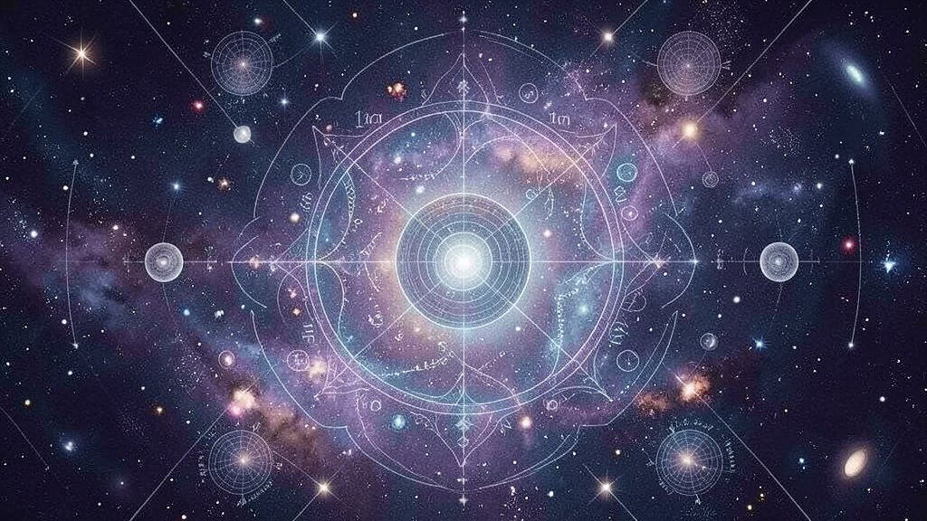 An illustration of the universe with a subtle symmetry pattern, incorporating elements of space, time, and matter.