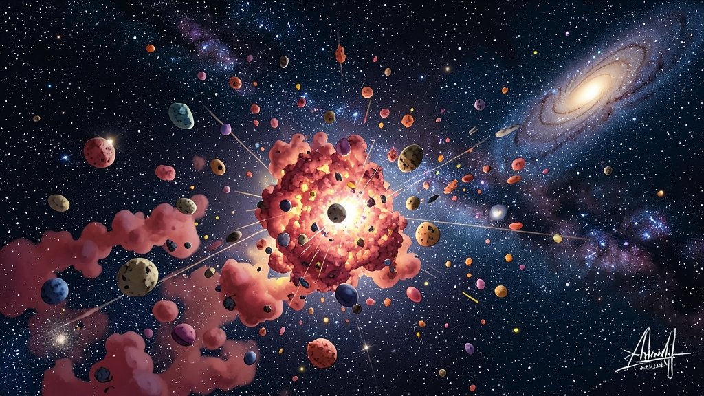 An illustration of the early universe with quark soup and particles colliding, with a background of stars and galaxies forming