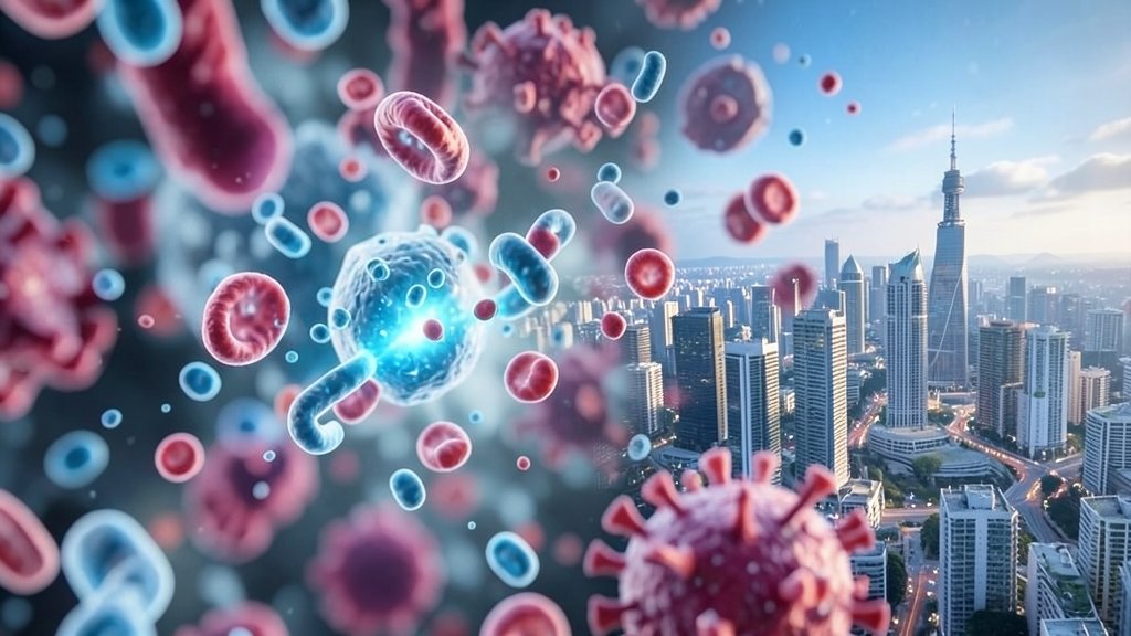 A microscopic image of bacteria being targeted by a new antibiotic, with a cityscape in the background to represent the global impact of the discovery