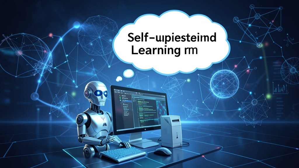 A futuristic illustration of a robot or a computer system with a thought bubble, representing self-supervised learning, with a subtle background hint of quantum mechanics and deep learning concepts.