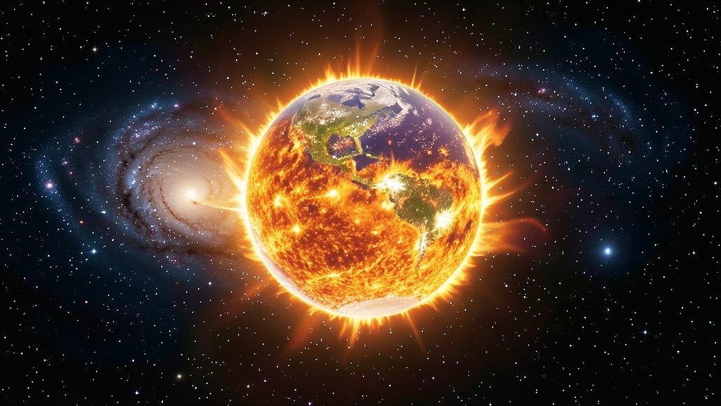 A realistic illustration of the Sun consuming the Earth, with the Helix Nebula in the background, showcasing the beauty and power of space.