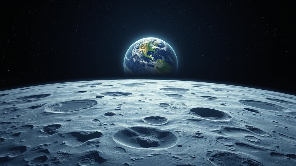 An illustration of the Earth seen from the Moon's surface, with a subtle glow representing the planet's radiation fingerprint, set against a starry night sky with the Moon's cratered terrain in the foreground.