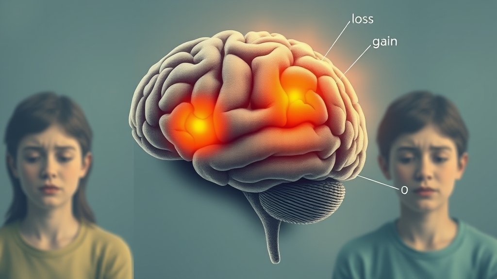 A detailed illustration of the brain with highlighted areas that respond to loss and gain, with a subtle background of a person experiencing different emotions