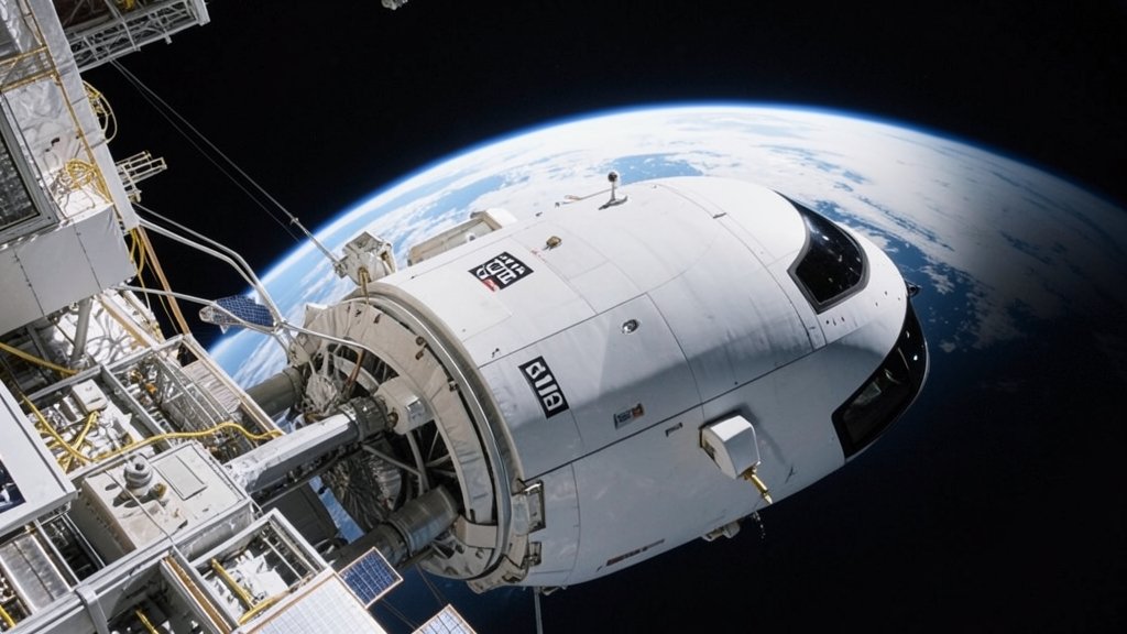 A photo of the SpaceX Crew Dragon spacecraft docked at the International Space Station, with the Earth visible in the background.