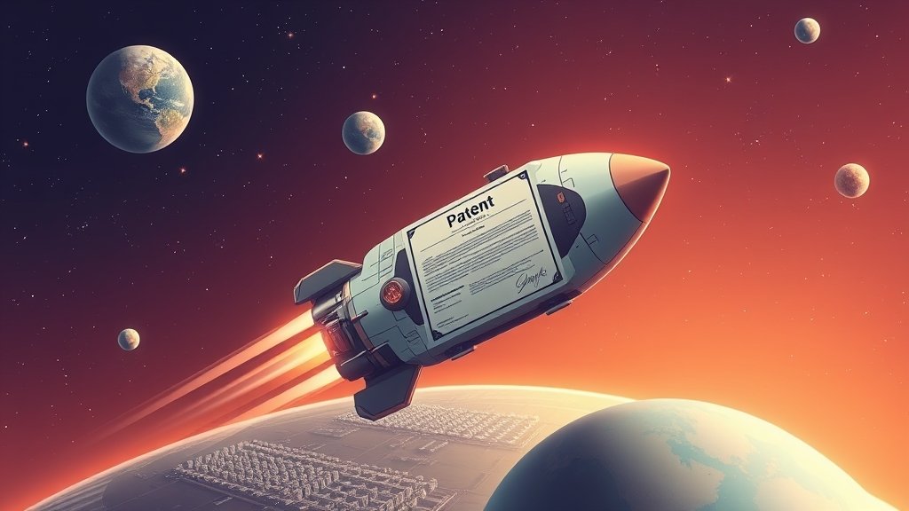 A futuristic illustration of a spacecraft with a patent certificate floating in space, surrounded by stars and planets, with a subtle background of a city on Earth.
