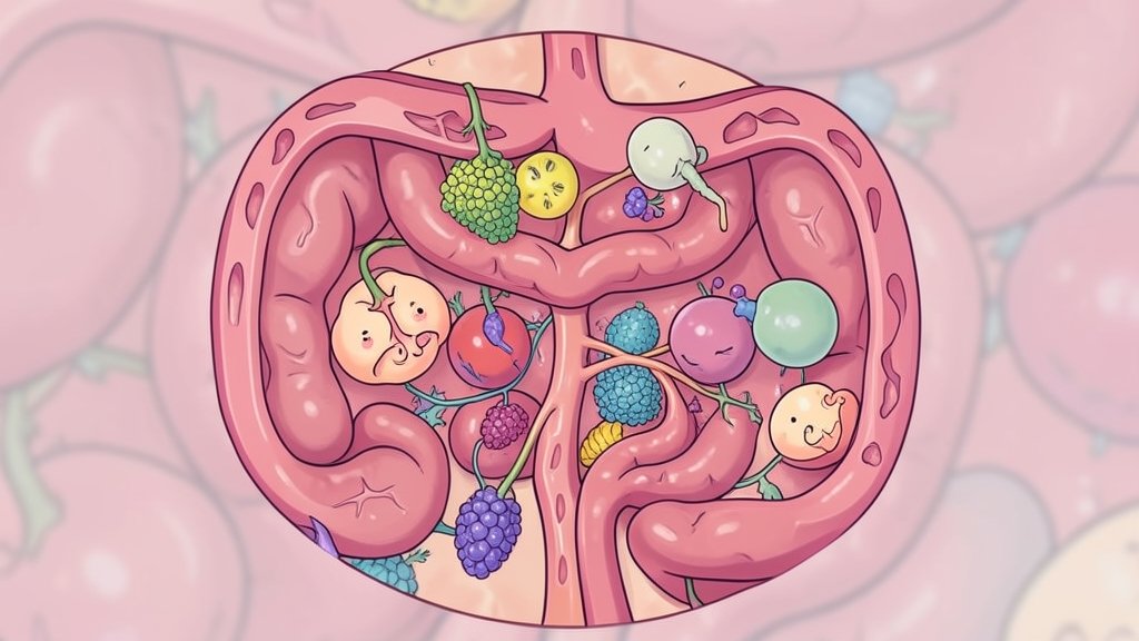 An illustration of gut bacteria interacting with immune cells, with a subtle background of the human digestive system