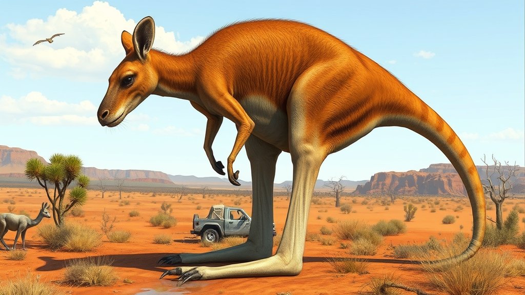 A realistic illustration of a giant prehistoric kangaroo in its natural habitat, with a backdrop of the Australian outback.