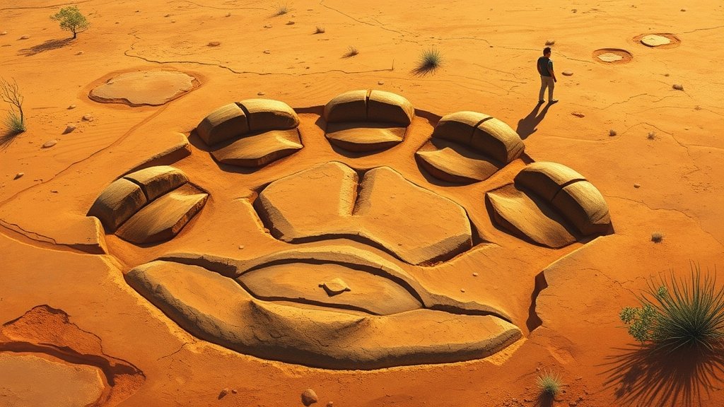 A realistic illustration of a giant dinosaur footprint in the Australian outback with a human figure in the background for scale