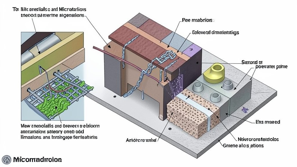 A detailed illustration of a 3D microfabrication process, highlighting the use of new materials and techniques to overcome polymer limitations.