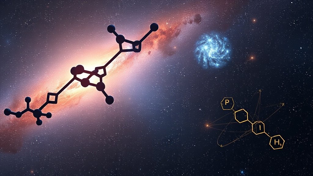 An artistic representation of the TMC-1 molecular cloud with a highlighted 3D structure of the 1H-cyclopent[cd]indene molecule, incorporating elements of astrobiology and space exploration.