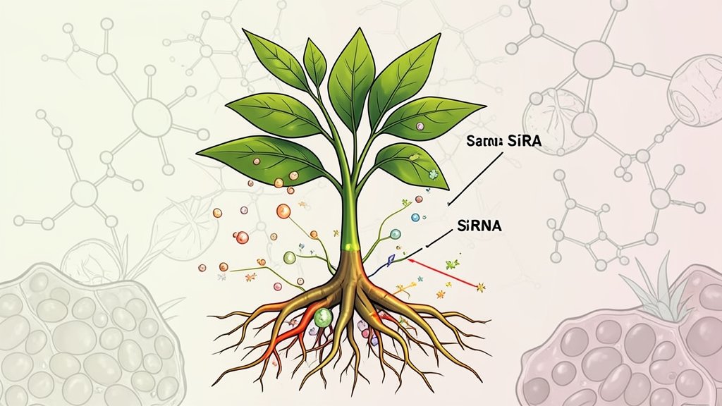 an illustration of a plant with highlighted roots and pollen, showing the transport of siRNA molecules from roots to pollen, with a background of molecular structures and plant cells
