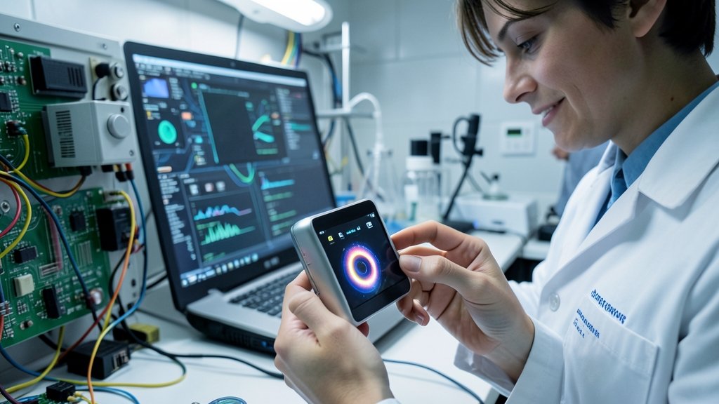 A futuristic laboratory setup with a researcher handling a small, sleek device representing the novel ferroelectric ultraviolet photodetector, with a background of circuit boards and scientific equipment.