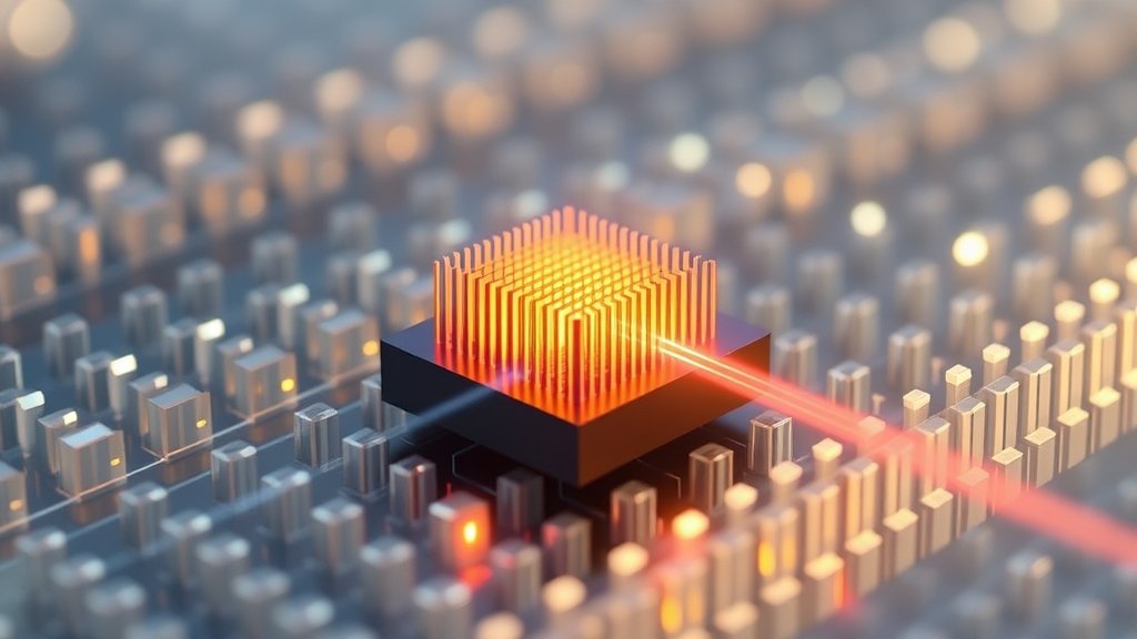 An illustration of a miniature optical amplifier using second-harmonic resonance, with a subtle background of photonic crystals or optical fibers, conveying the concept of low-power integrated optical amplification.