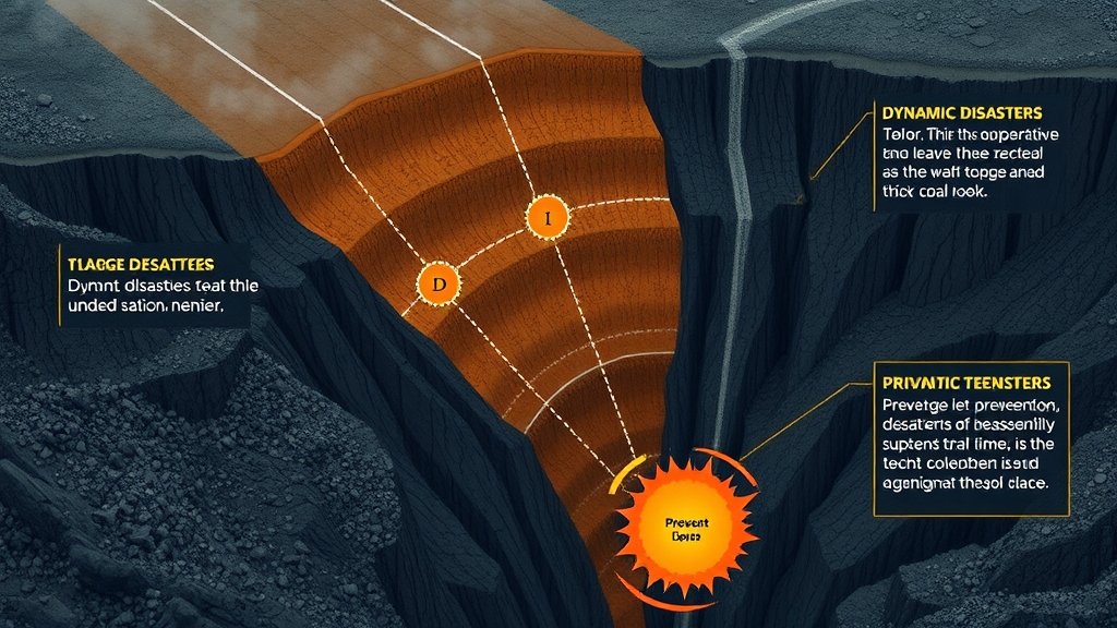 A detailed illustration of a coal mine with a nearly vertical extra-thick coal seam, highlighting the mechanisms of dynamic disasters and prevention techniques in place.