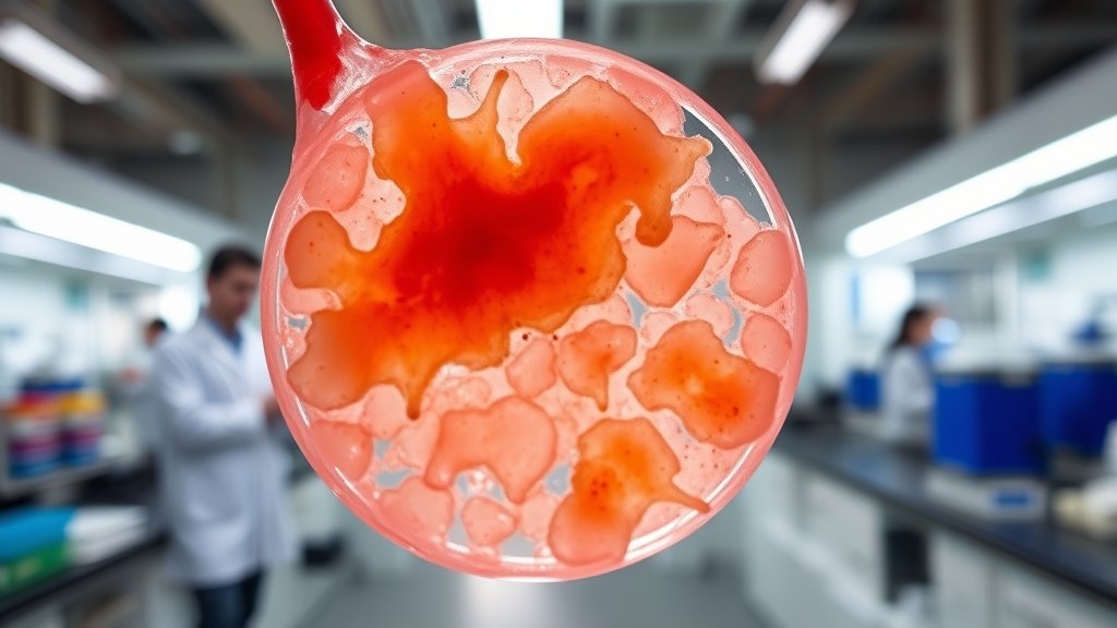 A microscopic image of a miniature human liver tissue engineered in a laboratory, with a background of scientific equipment and researchers in lab coats.