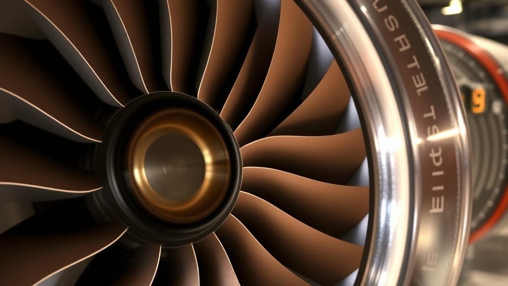 A detailed illustration of a turbine blade with a supercomputer in the background, highlighting the connection between the two and the impact of worn turbine blades on jet fuel efficiency.