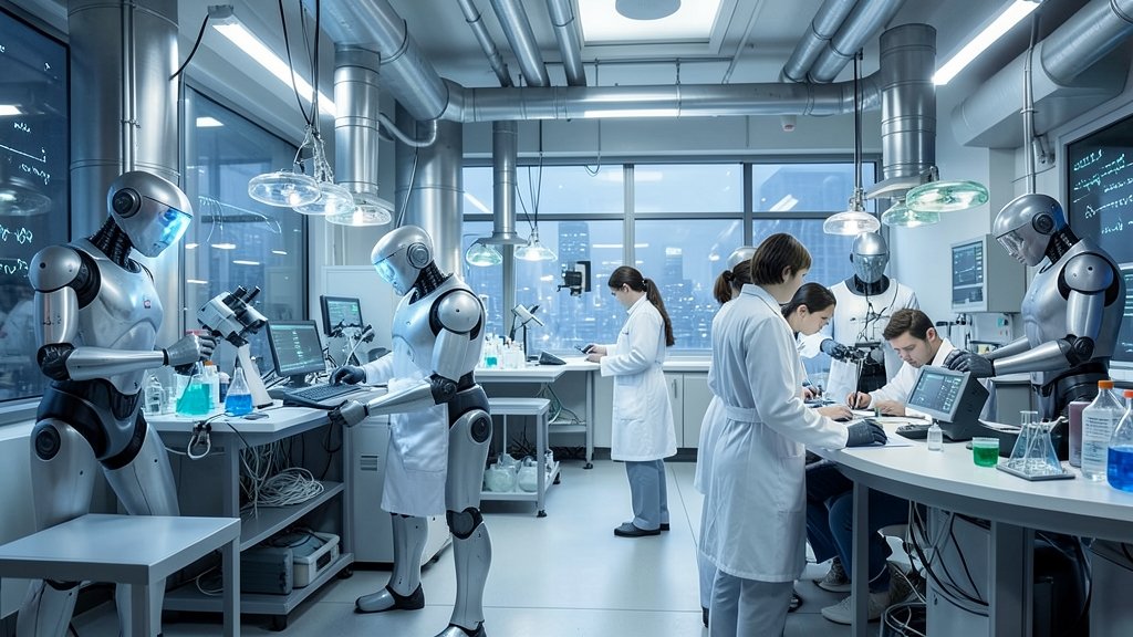 A futuristic laboratory with robots and scientists working together to develop new antibiotics