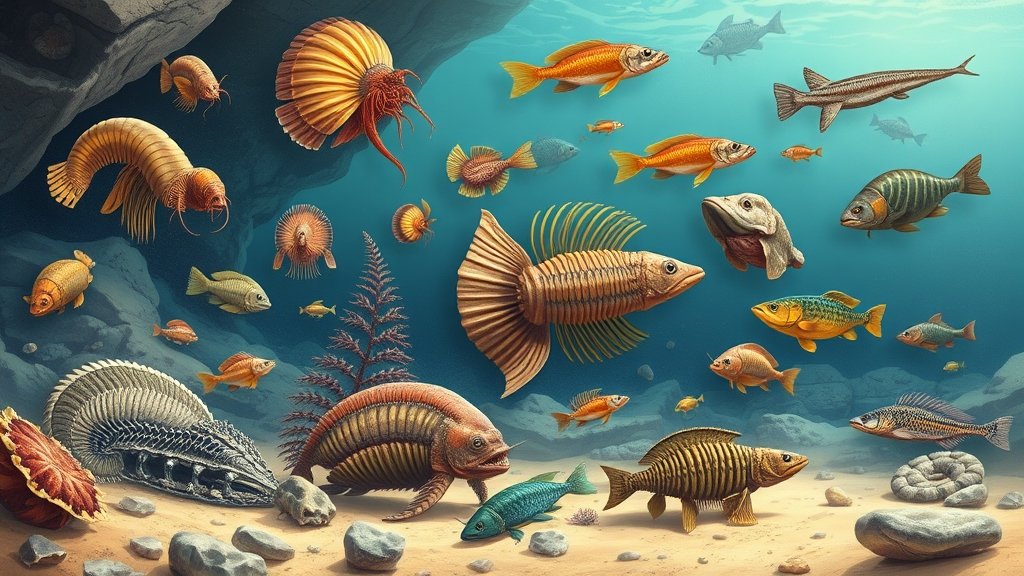 An illustration of ancient marine life, including various species of trilobites, brachiopods, and early fish, in a vibrant and colorful underwater environment, with a subtle background of fossils and sedimentary rocks.