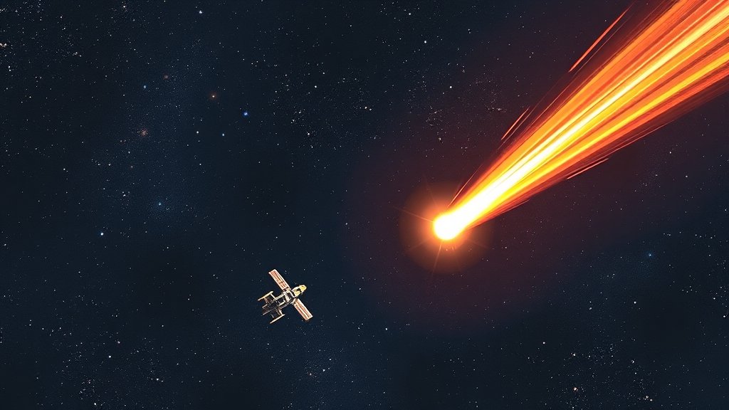 An illustration of a spacecraft approaching a comet in the vastness of space, with stars and galaxies in the background.