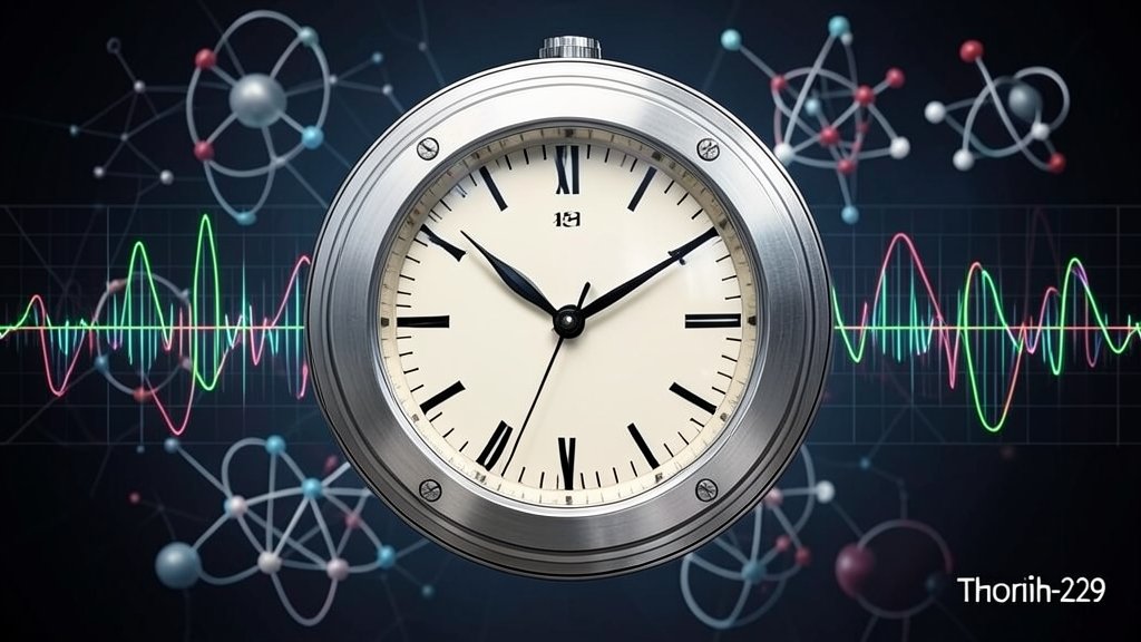 A detailed illustration of a solid-state nuclear clock using thorium-229, with a background of atomic structures and frequency waves, highlighting the improved frequency reproducibility.