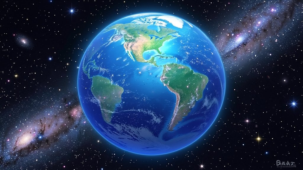 A high-resolution illustration of a potentially habitable exoplanet with a blue atmosphere and liquid water, surrounded by stars and galaxies in the background.