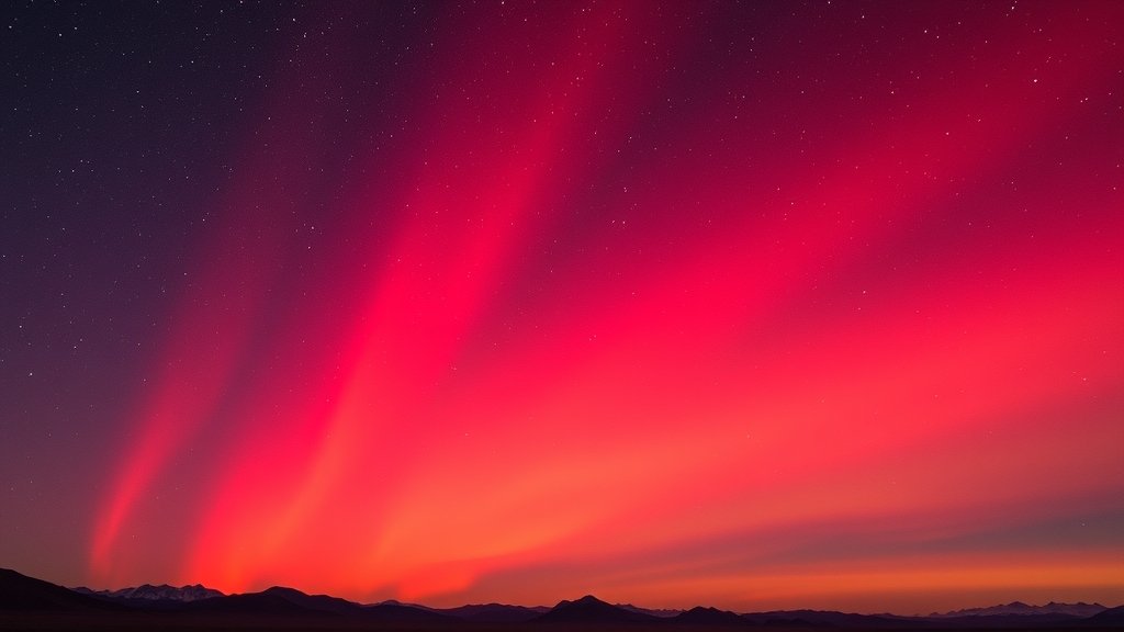 A photograph of a red aurora display over the night sky of Ladakh, with the Milky Way visible in the background, and a few stars twinkling through the auroral glow.
