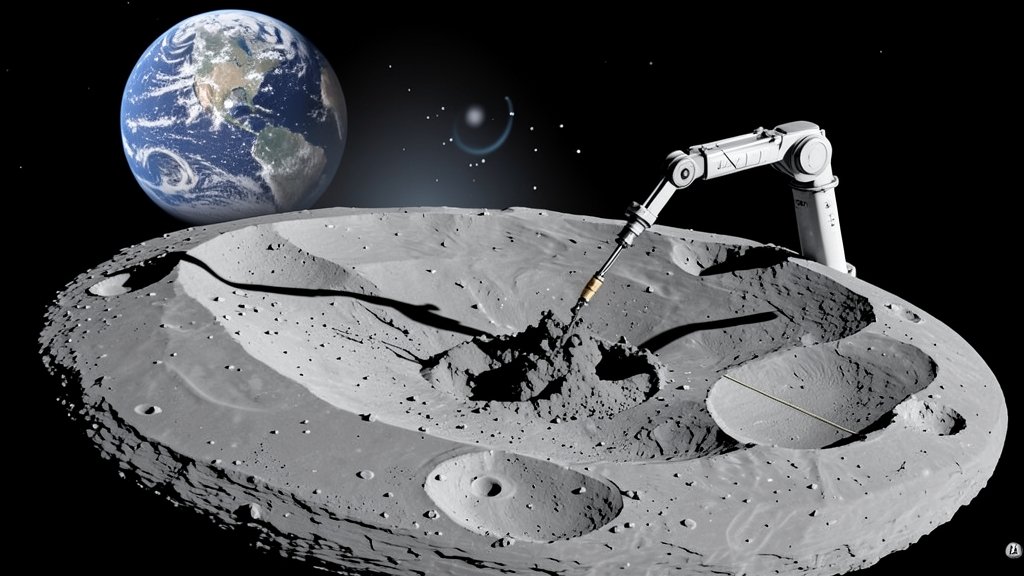 A detailed illustration of the Moon's surface with a robotic arm collecting soil samples, with the Earth visible in the background, and a subtle hint of water molecules in the atmosphere.